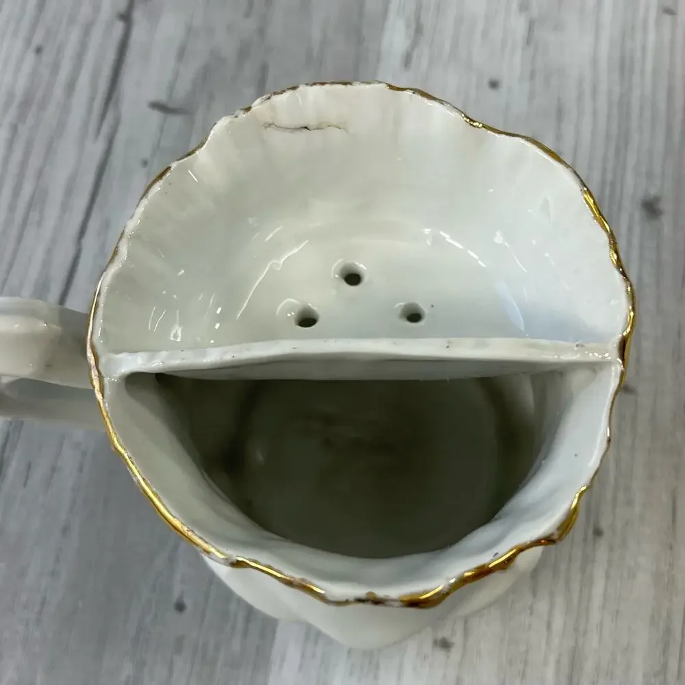 Vintage Victorian White Pink Green Floral Accent Gold Trim Shaving Mug Cup Decor